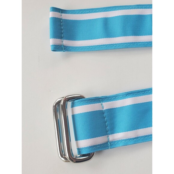Lands' End women's multicolored ribbon cloth belt size M D ring Blue Cyan 37" - Picture 2 of 4